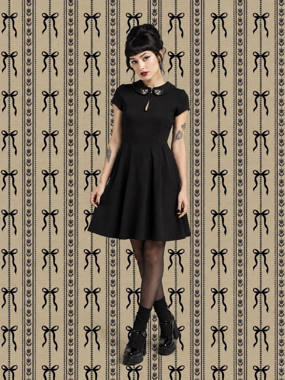 NWT Y2K Woman Black Jewel Peter Pan Collar Babydoll Dress XS Whimsigoth Gothcore